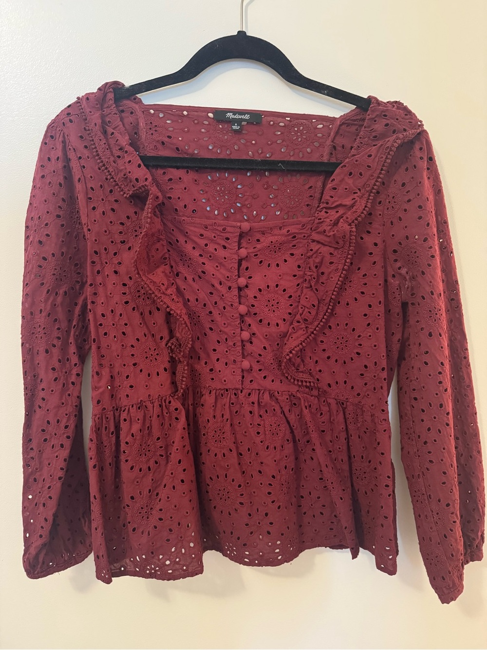 Madewell Maroon Eyelet Ruffle Peplum Blouse